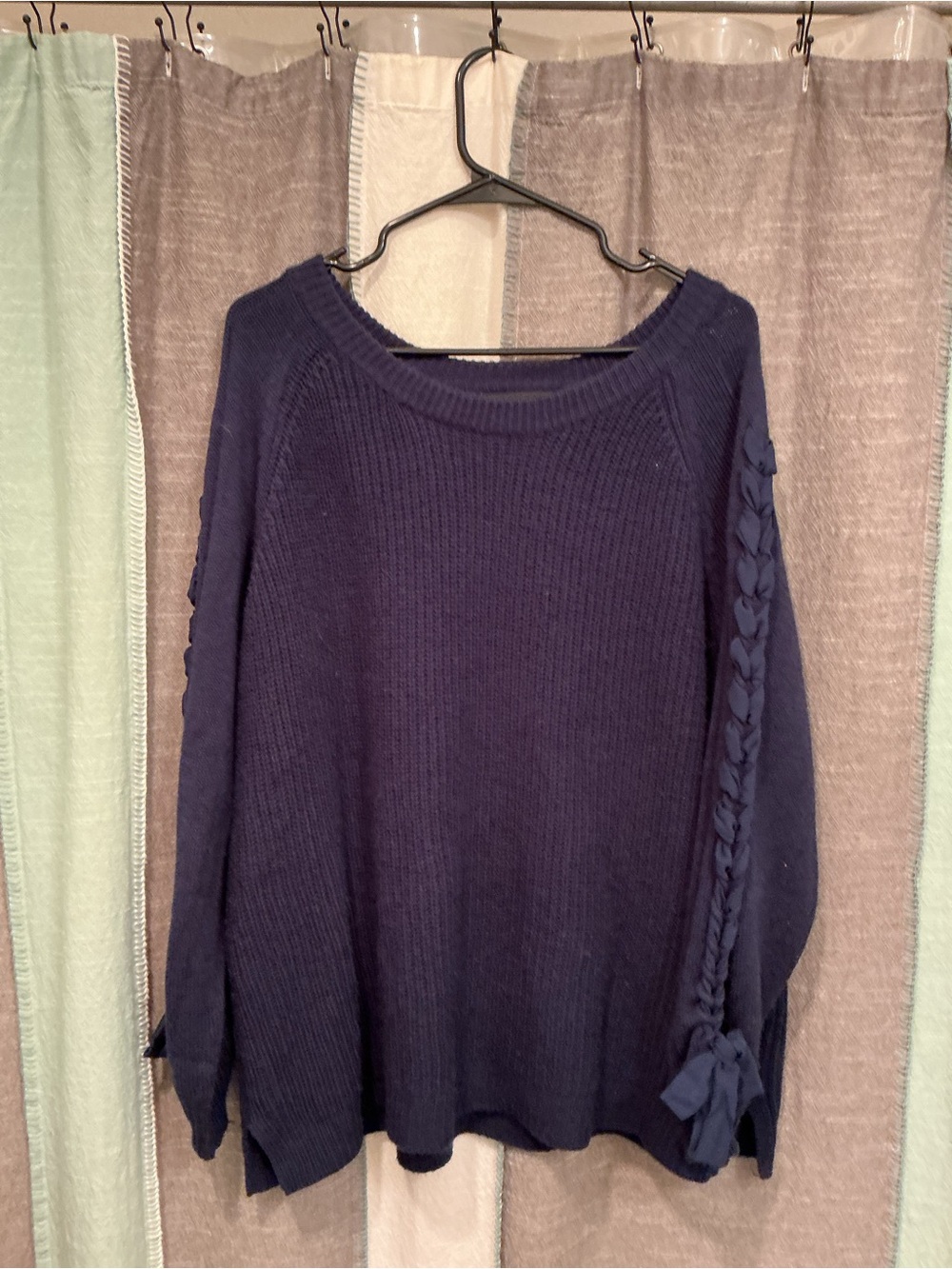Lane Bryant Navy Braided Sleeve Crewneck Sweater
